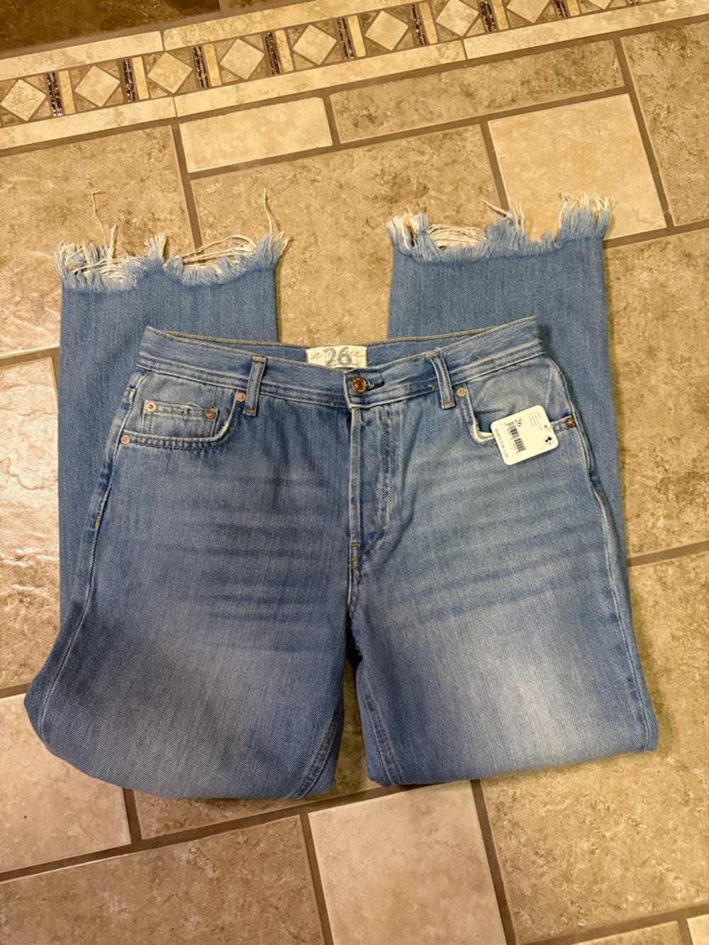 Free People Light Wash Frayed Hem Straight-Leg Jeans